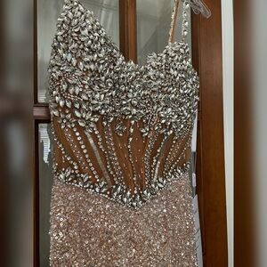 Sparkly luxury crystal rhinestone silver & nude prom dress pageant  evening gown